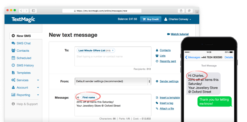 Screenshot: Mail merge tags are used to send personalized text messages in bulk