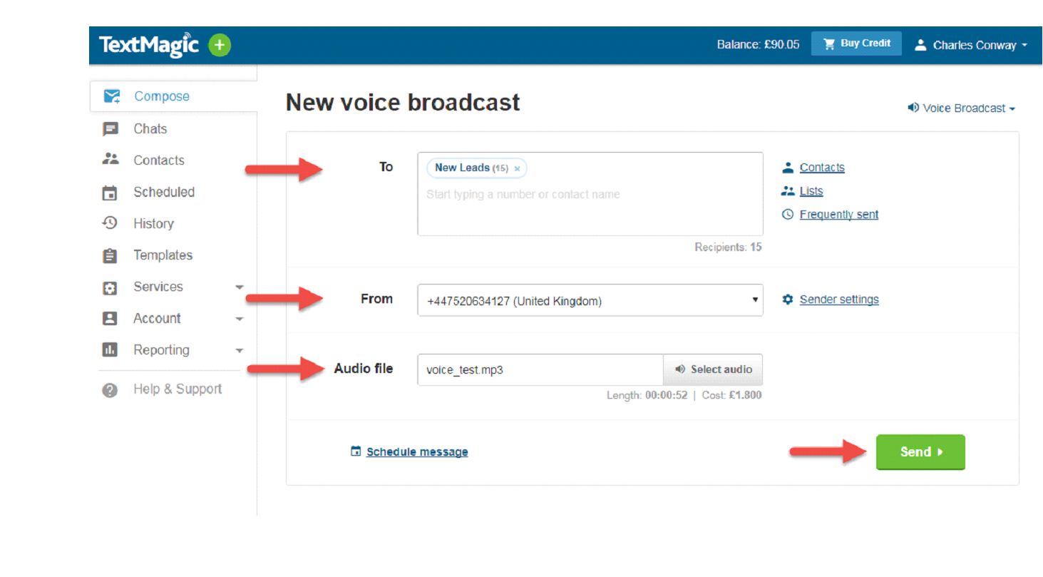 Textmagic app, new Voice Broadcast-send