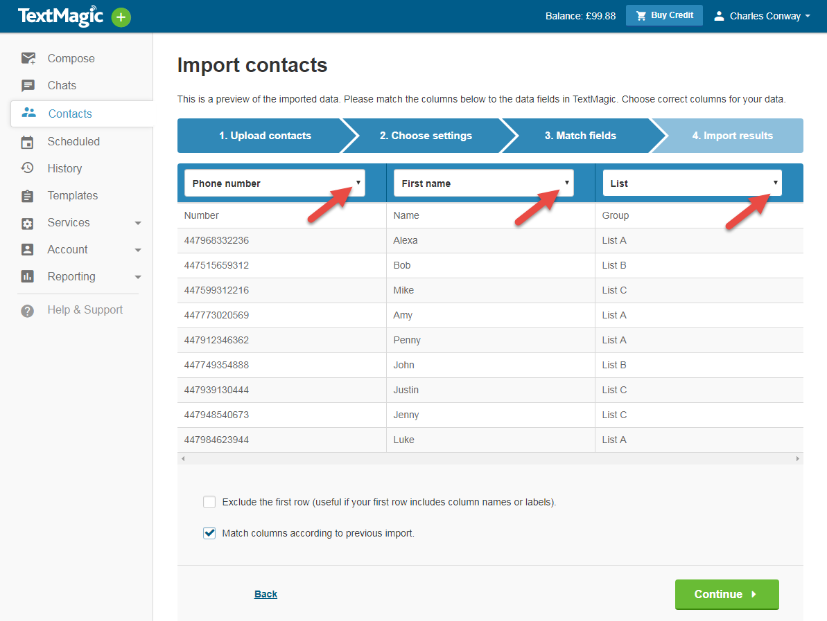 Importing contacts to webapp