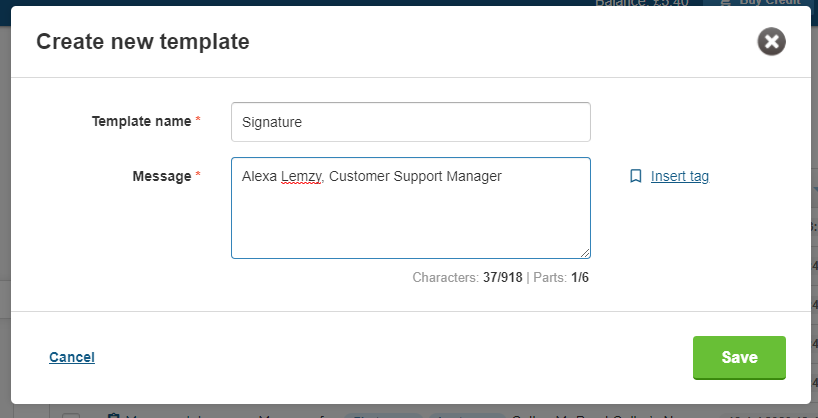 Create new template at textmagic web app