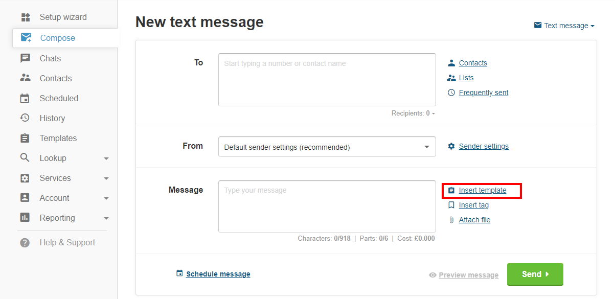 insert a template to new text message at textmagic web app