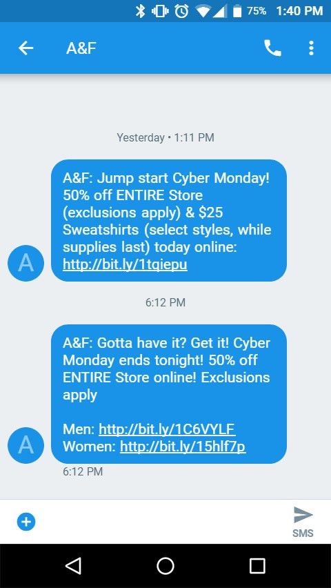 Cyber Monday offer text message