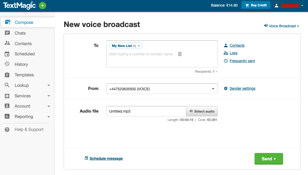 Aplicación Textmagic, nuevo envío de transmisión de voz