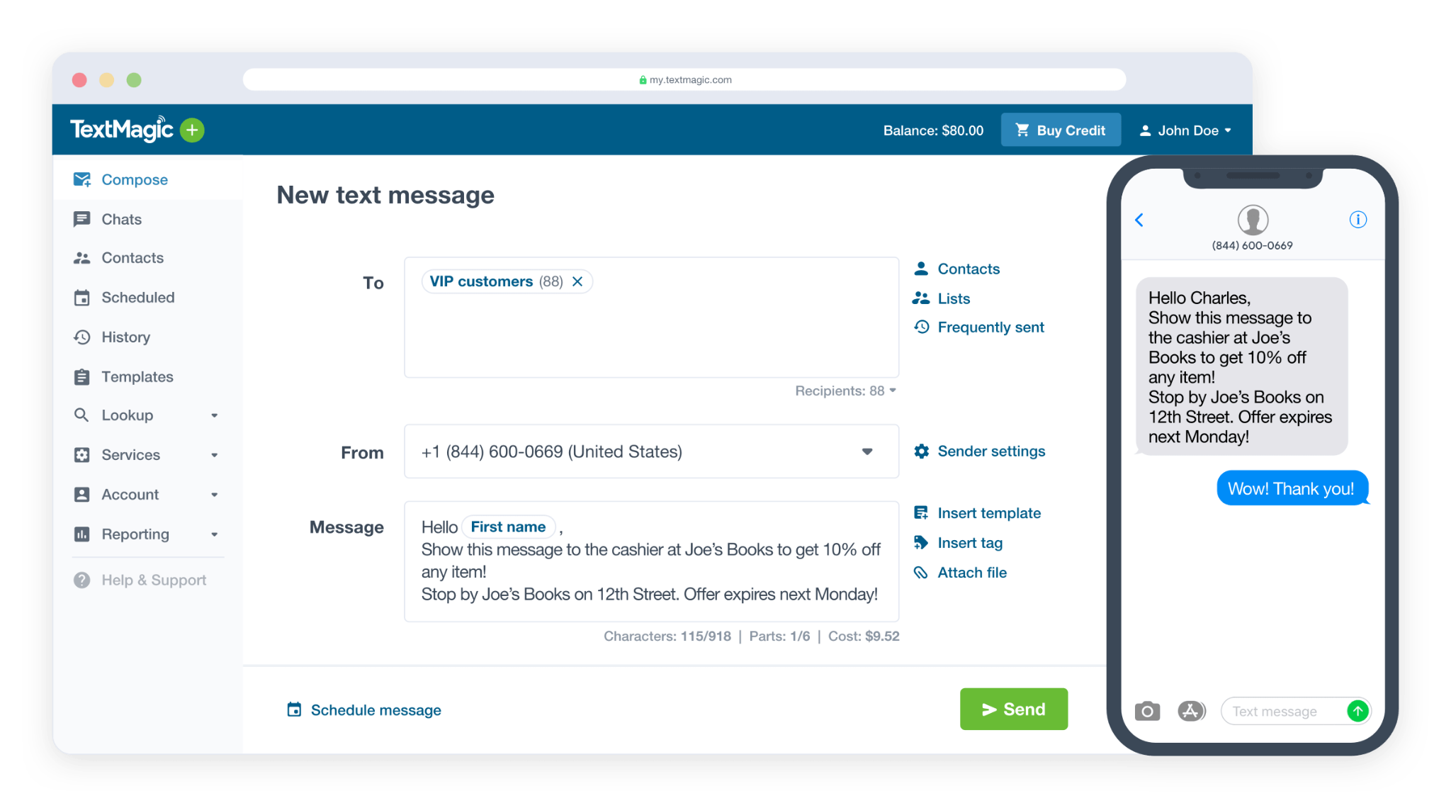 composing a text message in the Textmagic web app