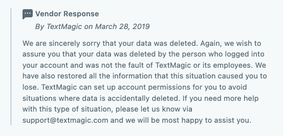 Example of Textmagic review answering complex questions in private