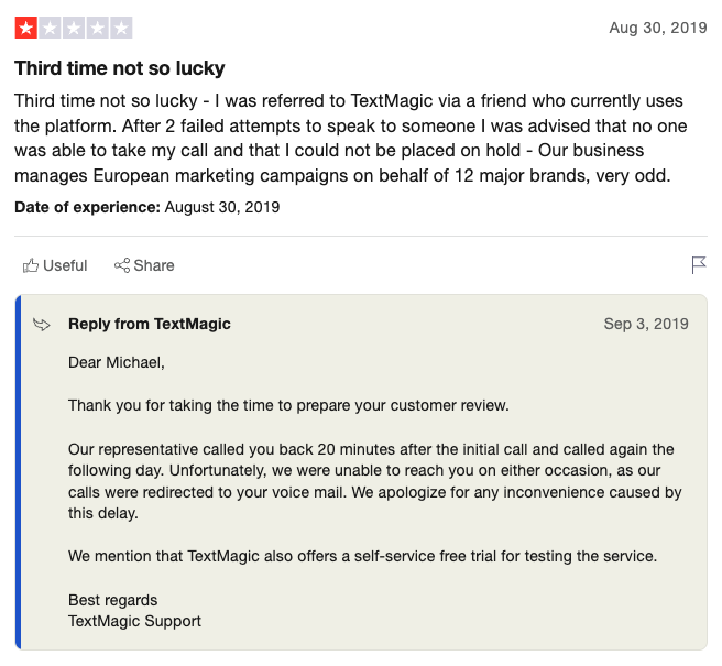 Textmagic customer review answer that is personalized