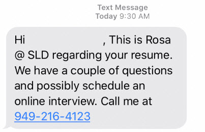 SMS de entrevista de trabajo falso