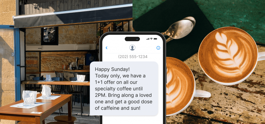 Coffee shop and two cups of coffe with promo text message overlayed
