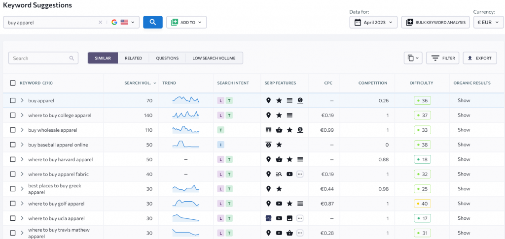 Keyword research with SE Ranking