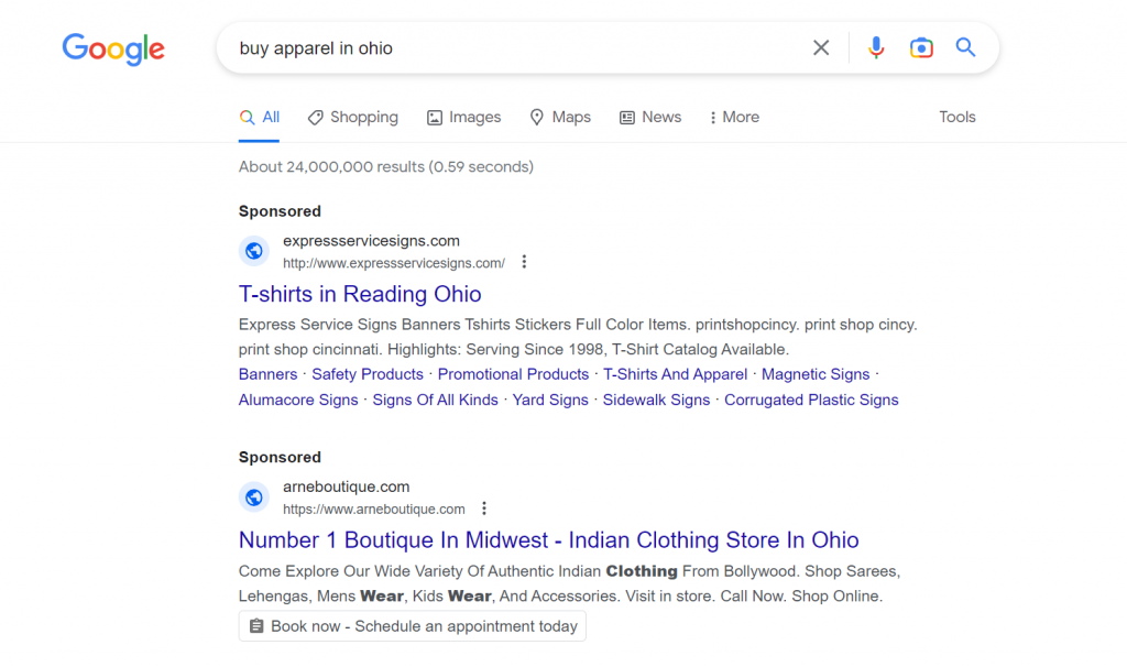 SERP results for apparel in Ohio