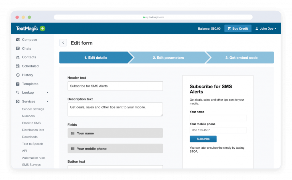 SMS subscribe form with Textmagic
