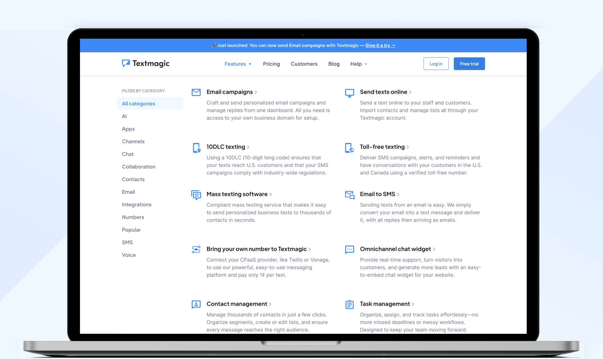 Textmagic features screen