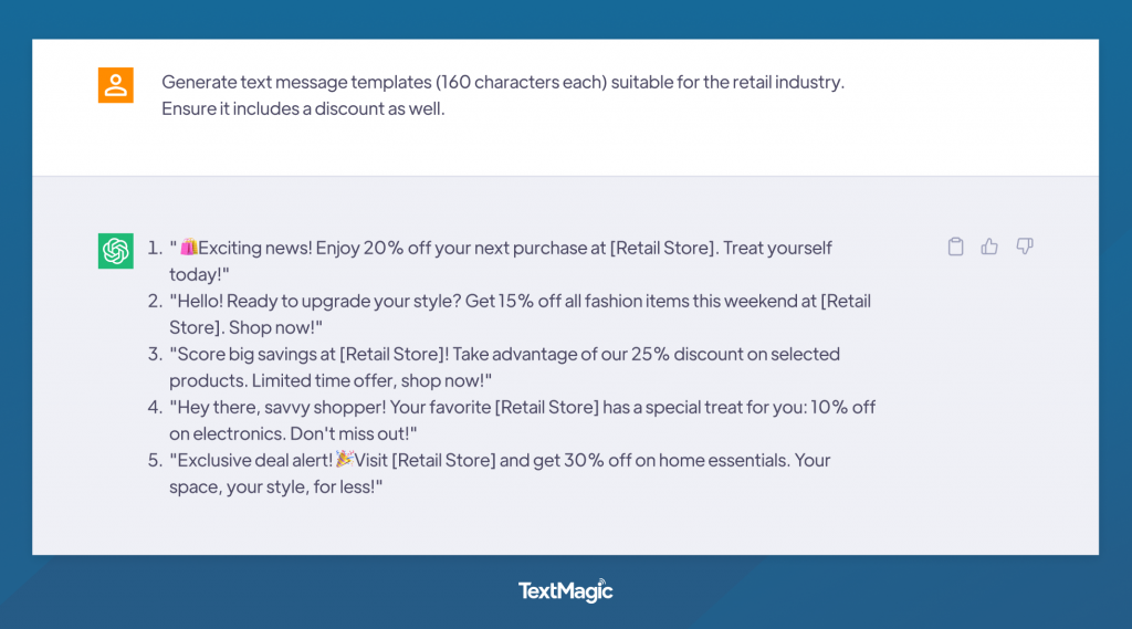 Retail sector SMS template with ChatGPT