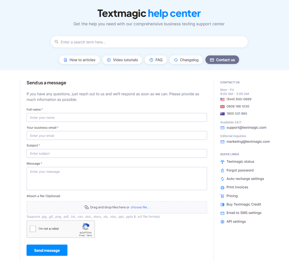 Textmagic help center screenshot