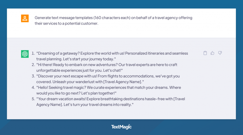 Travel Agency SMS template example