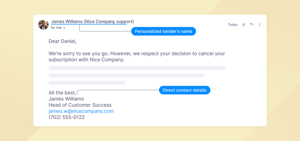 Utilizing individual accounts to respond to customer cancellation emails