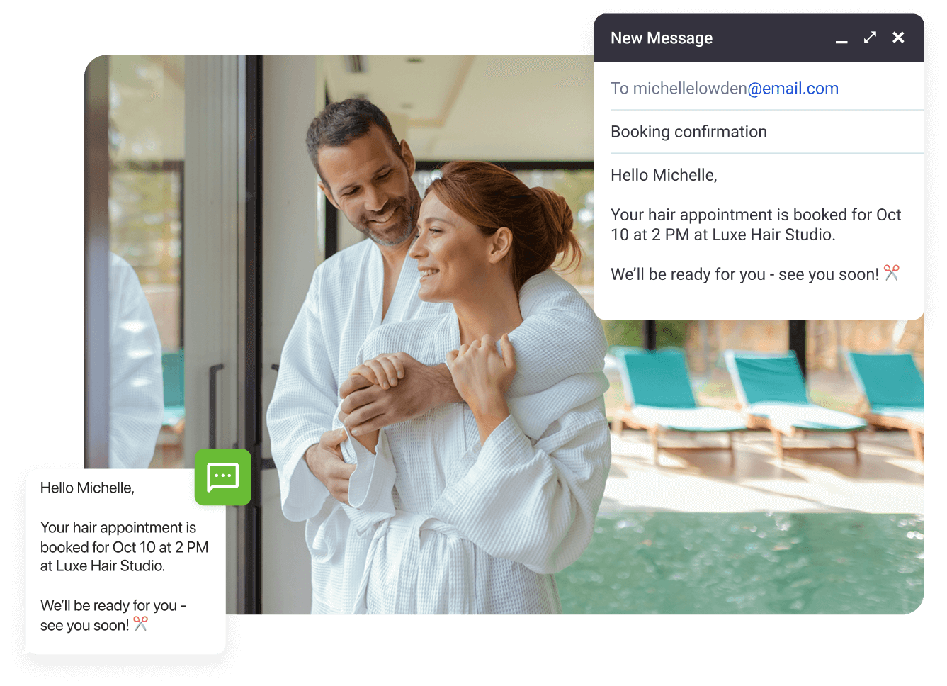 couple in a spa with emal and sms templates superimposed