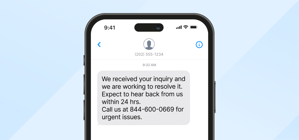 Image of a customer support text message sent from an A2P 10DLC number