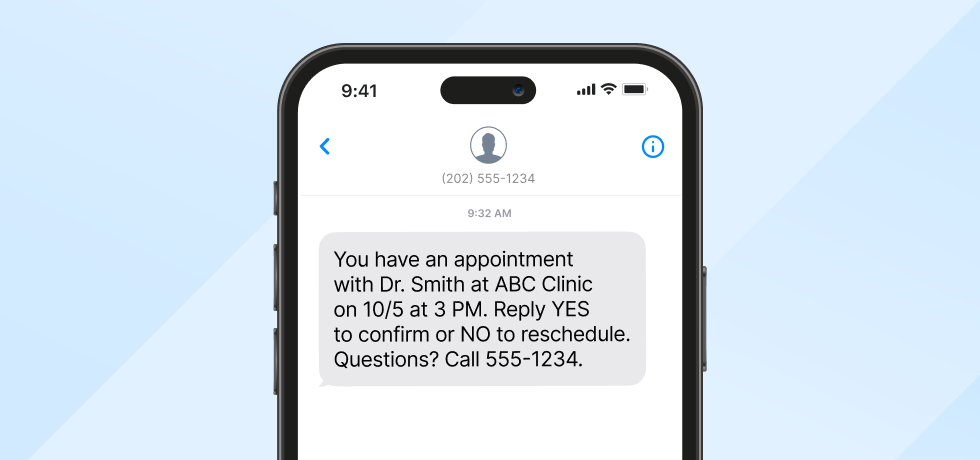 Image of an appointment reminder text message sent from an A2P 10DLC number