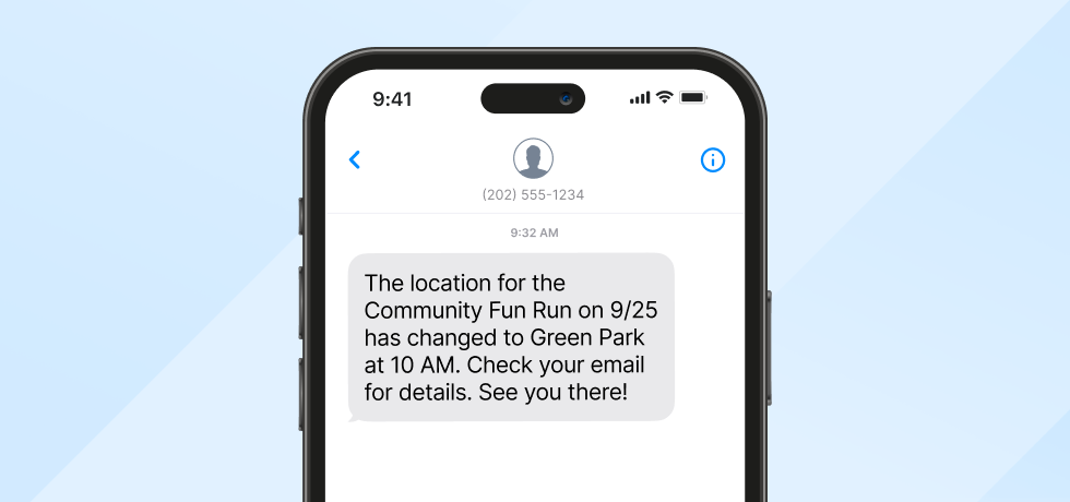 Image of an event update text message sent from an A2P 10DLC number
