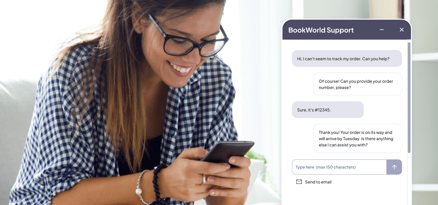 Image of a woman engaging in a customer support inquiry with an AI-powered chatbot