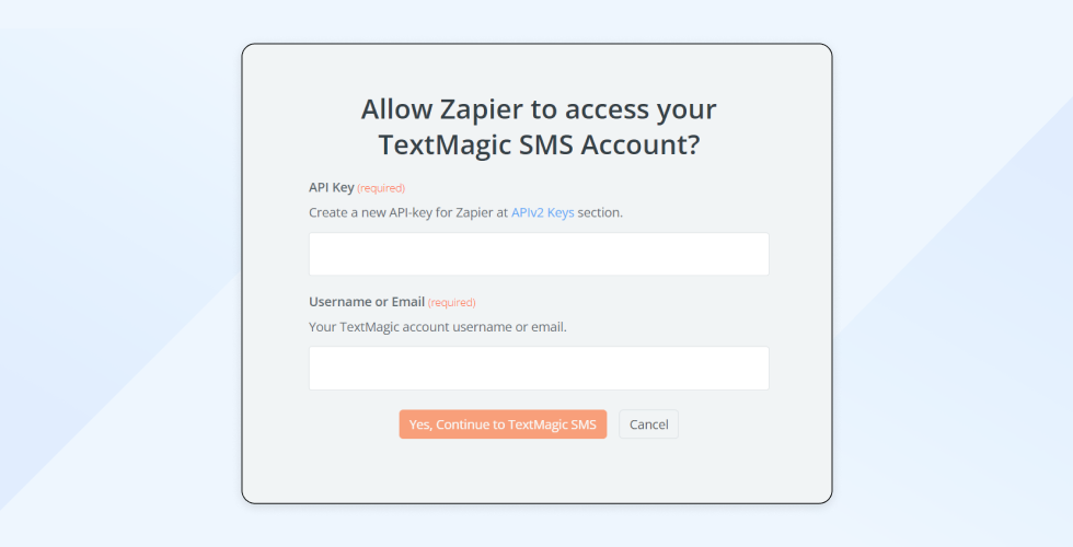 Pop-up window requesting to connect Textmagic and Zapier via API key