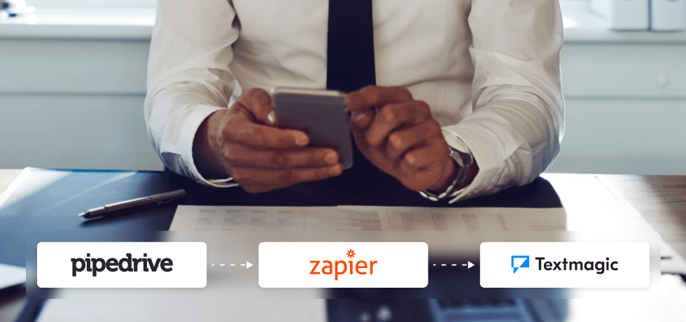 Cover image of a man holding a phone depicting the integration flow of Pipedrive and Textmagic via Zapier