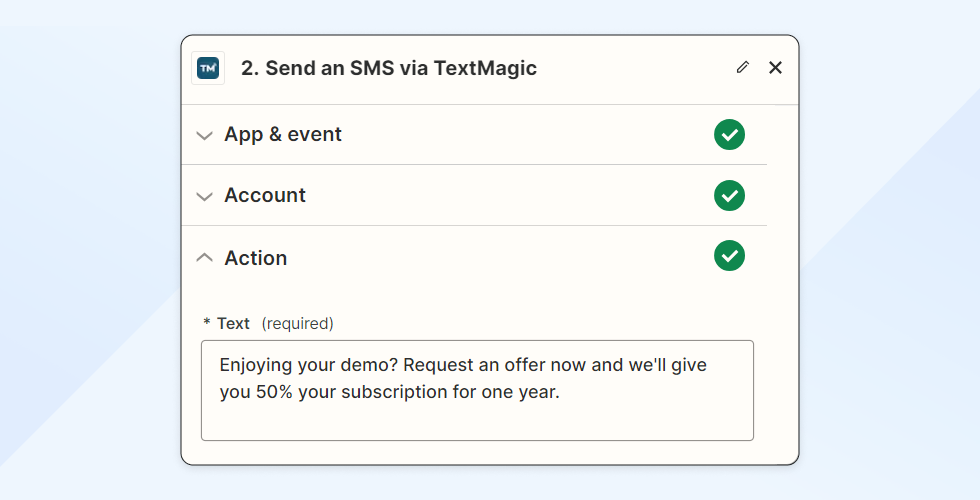 Screenshot with an example of a promotional SMS sent upon lead qualification stage change in Pipedrive