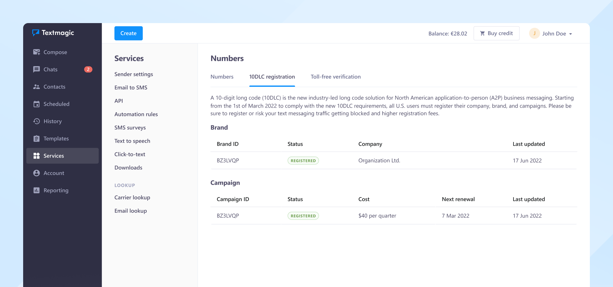 Screenshot illustrating the Sender settings of the Textmagic platform where you can manage A2P 10DLC numbers