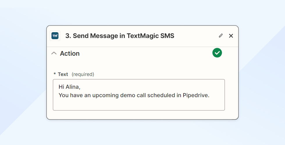 Screenshot depicting a personalized reminder message for a Pipedrive activity