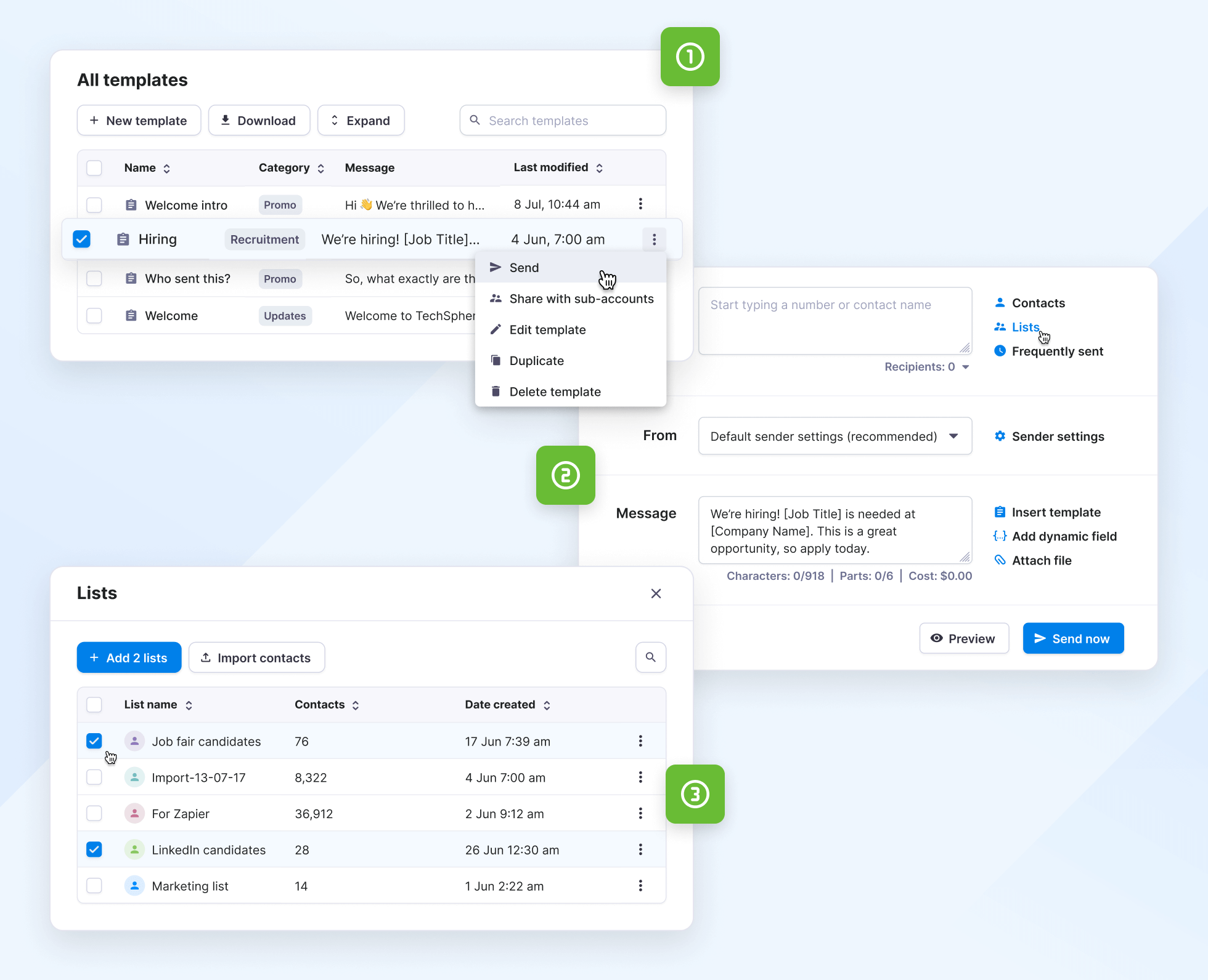 SMS recruiting flow in Textmagic app