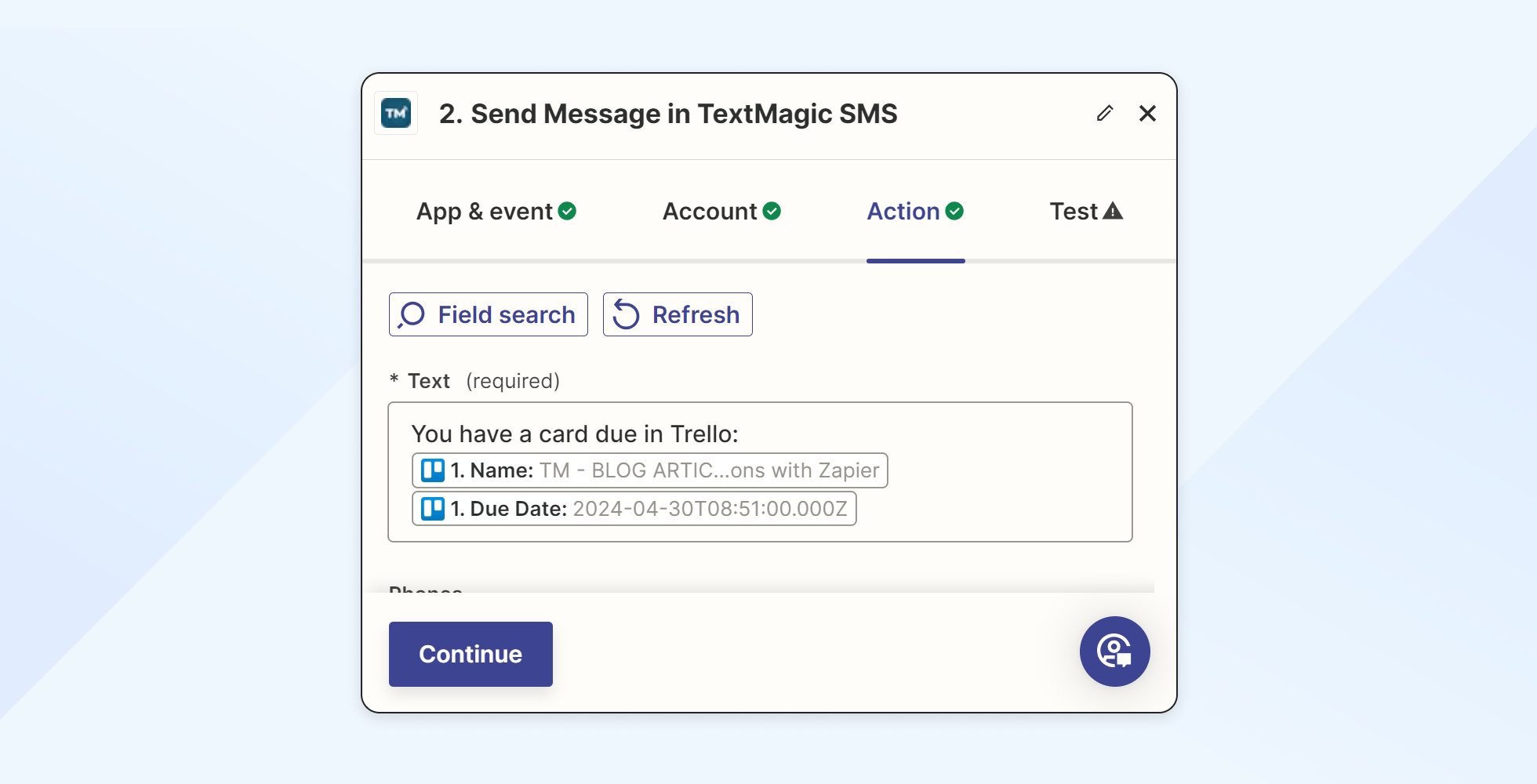 Trello Textmagic Zapier screenshot of personalized SMS alert