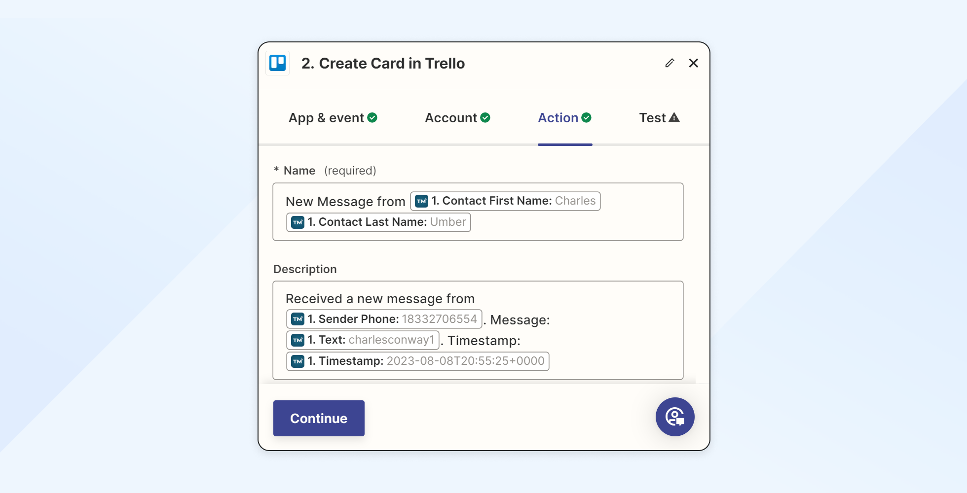 Trello Textmagic Zapier screenshot of card creation for SMS