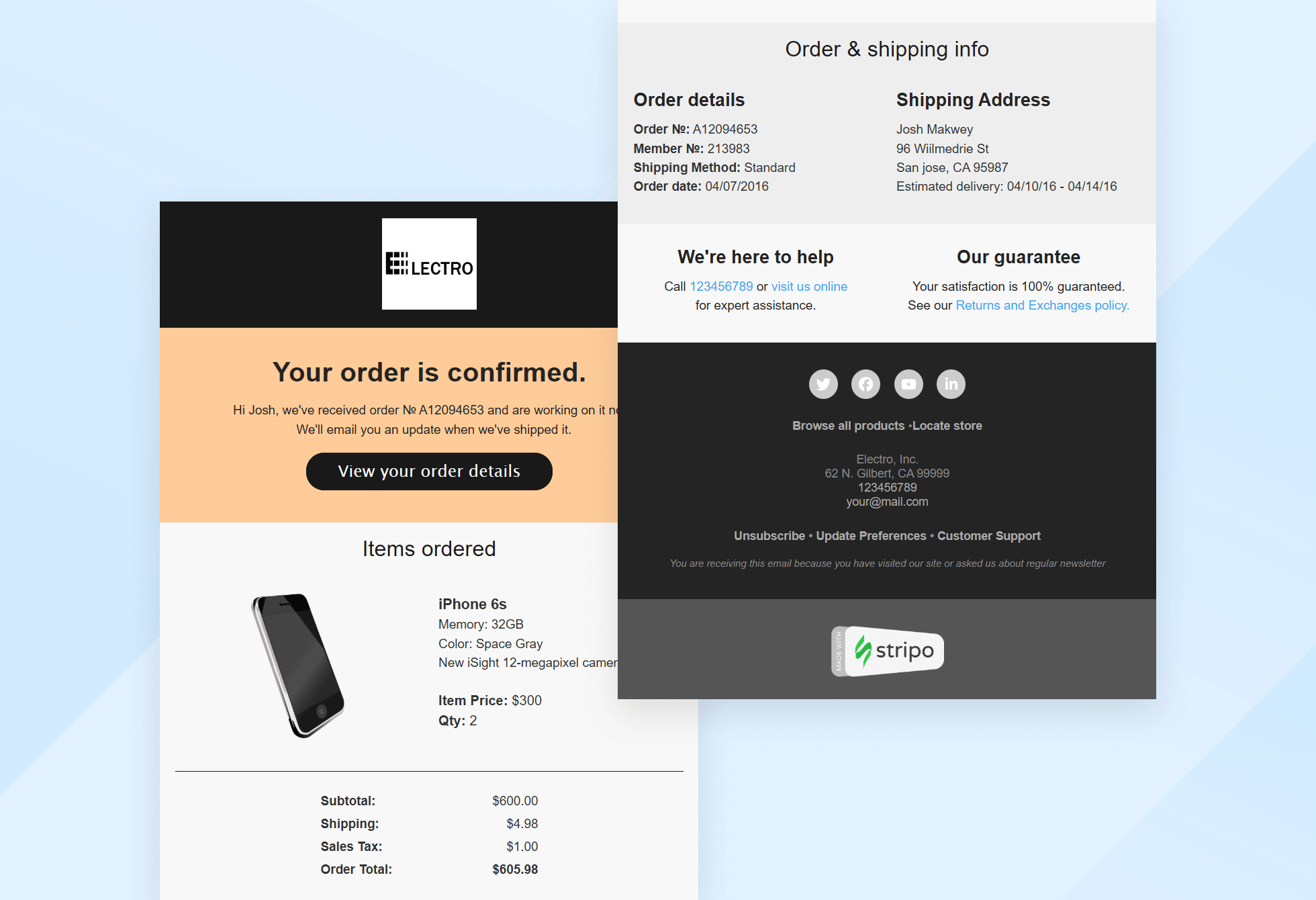 Order confirmation email Textmagic template