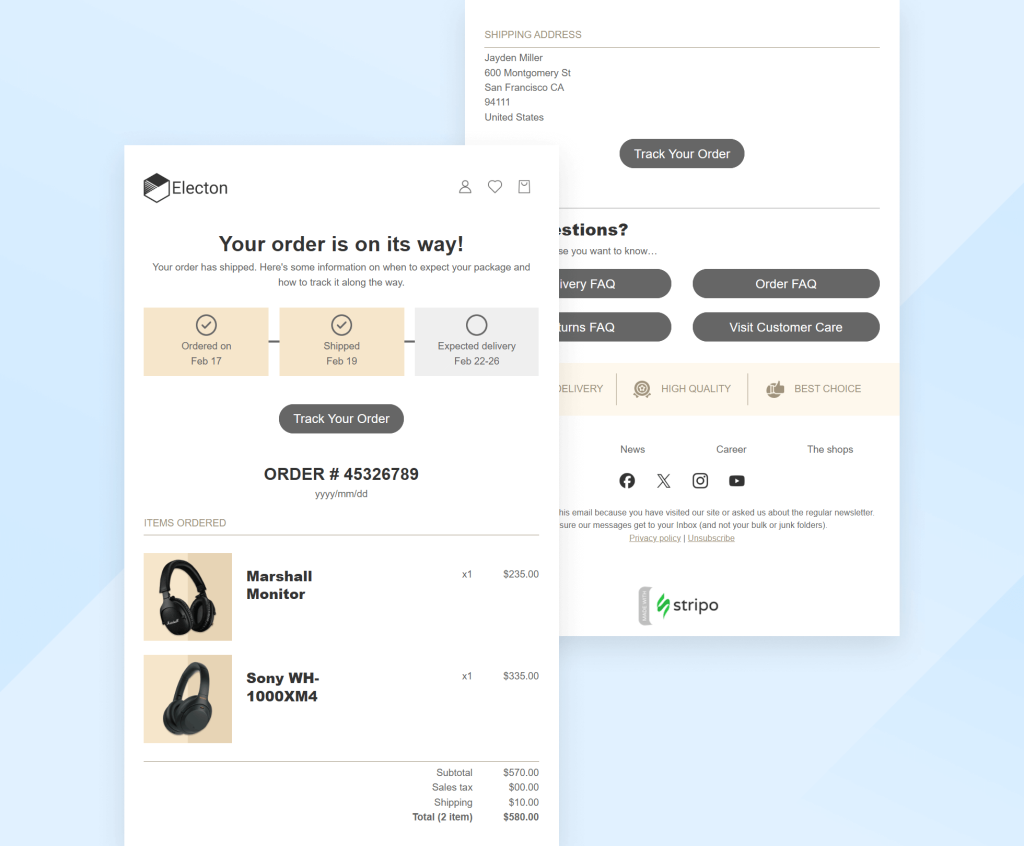 Shipping notification email Textmagic template