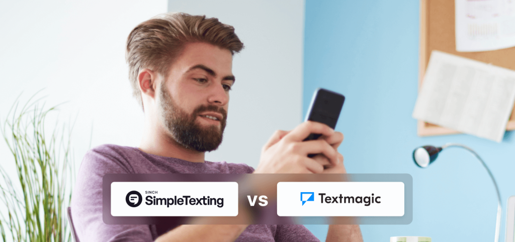 Cover image depicting a man on his phone considering SimpleTexting vs Textmagic