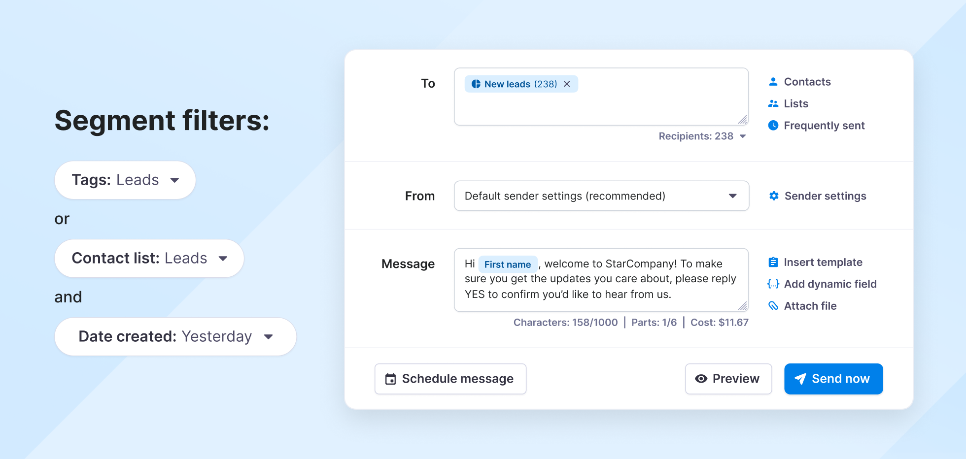 SMS segment on Texmagic - sending welcome messages after signup