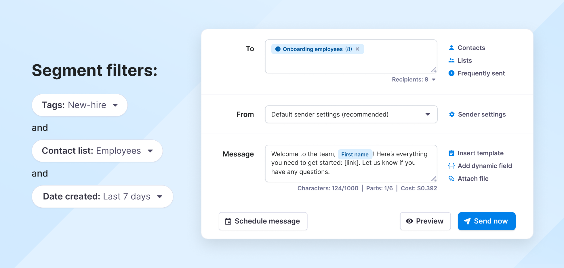 SMS segment on Texmagic - send onboarding messages to new hires