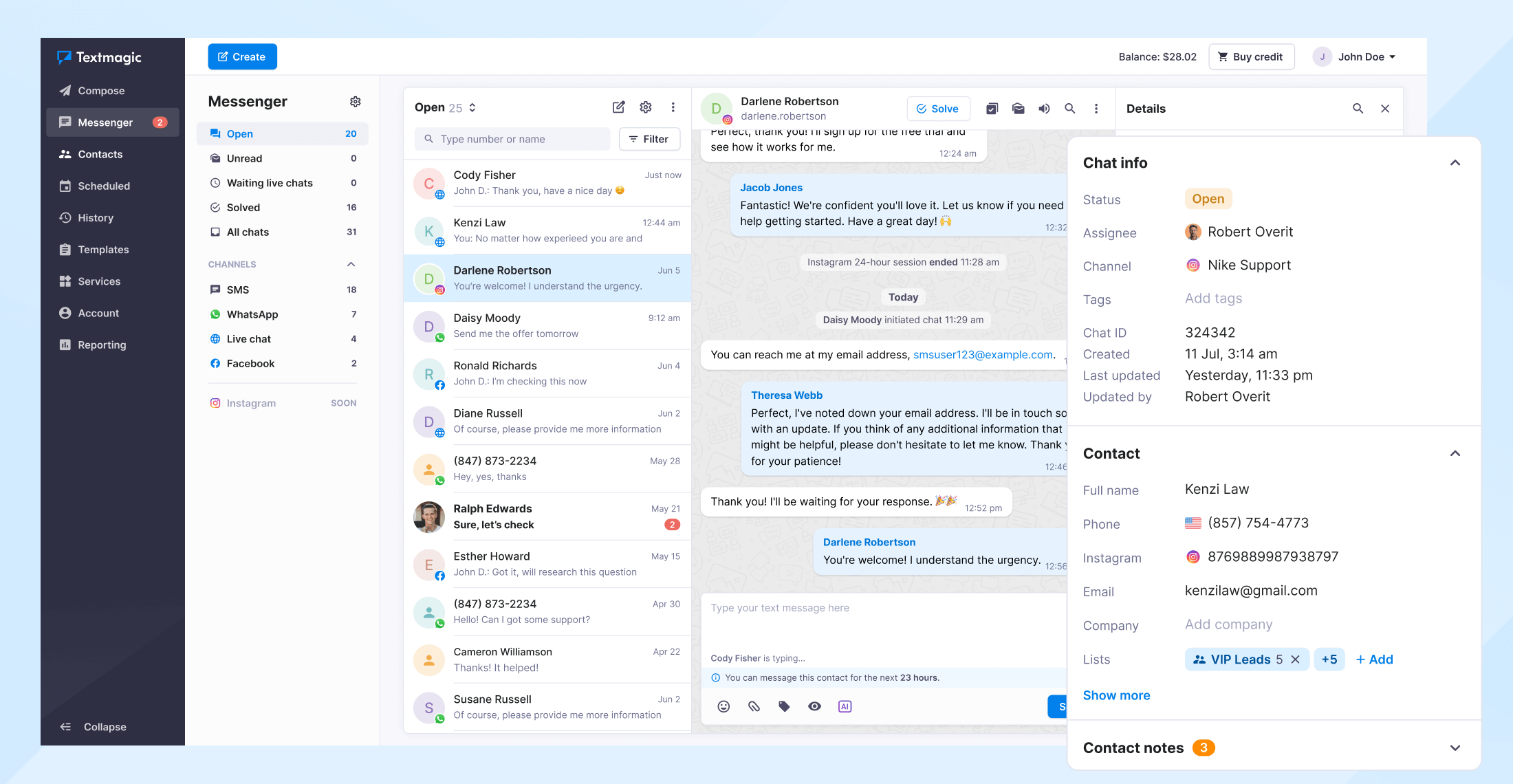 Contact notes in Textmagic messenger