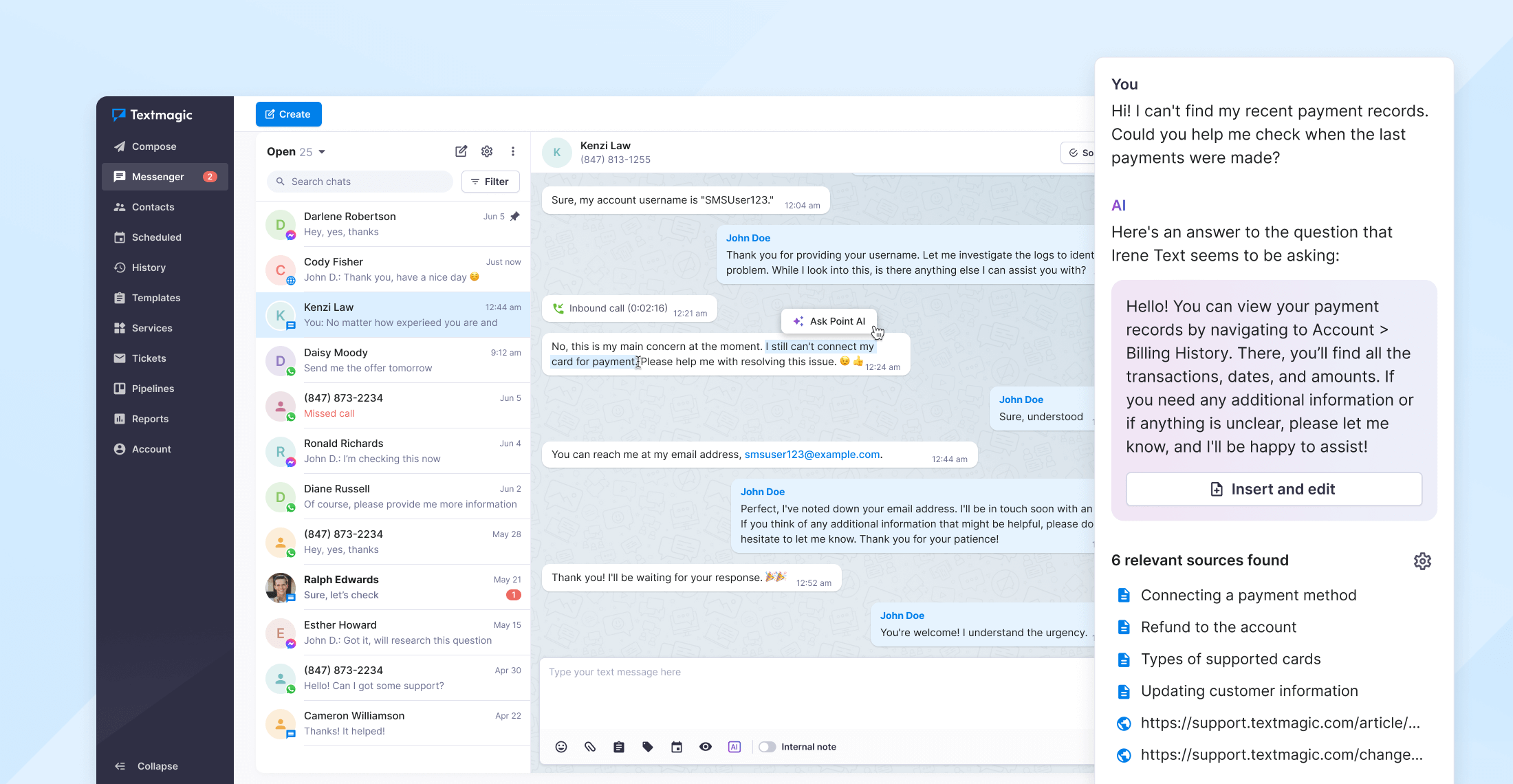 Screenshot illustrating Textmagic's Point AI feature
