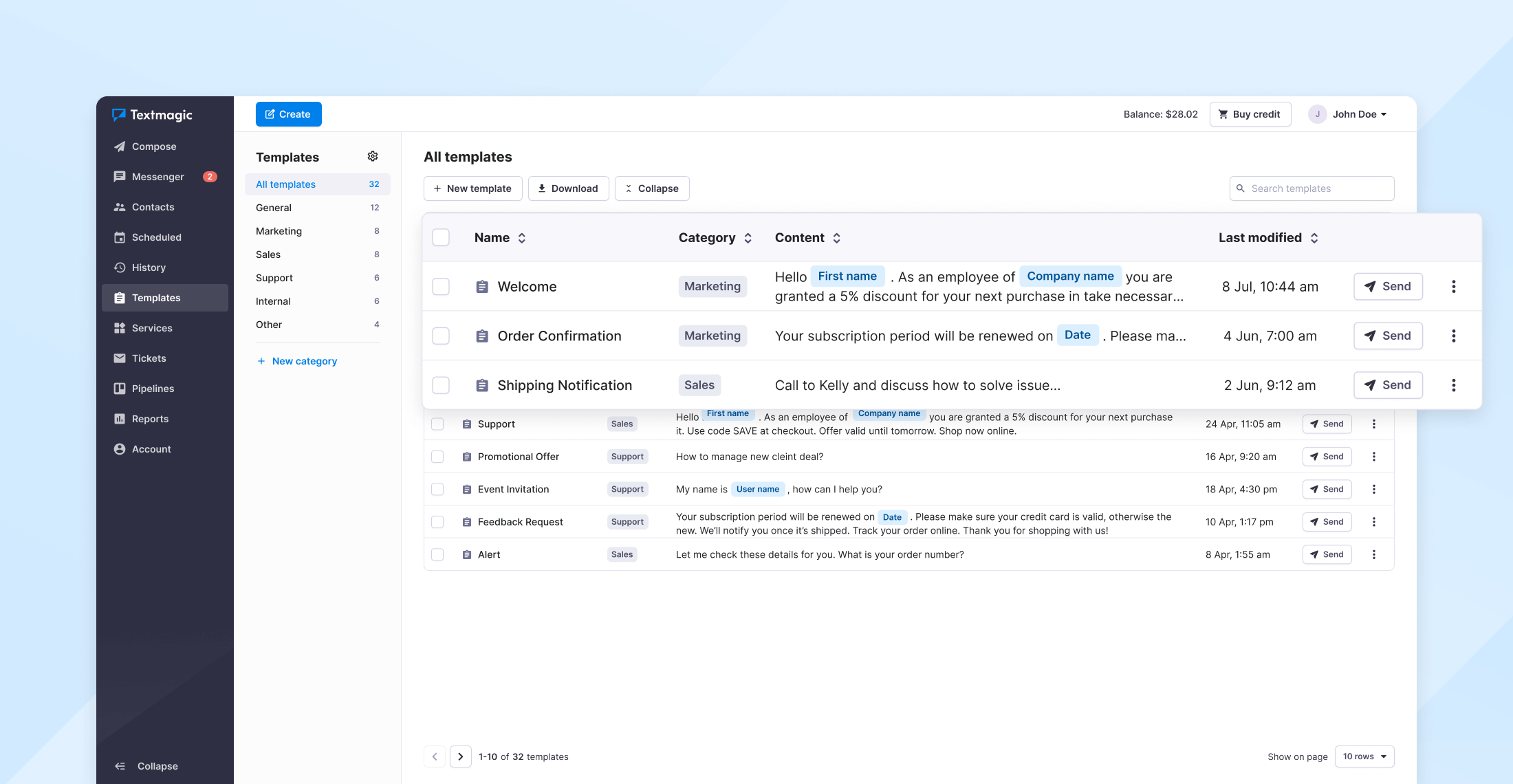 Screenshot illustrating Textmagic's templates