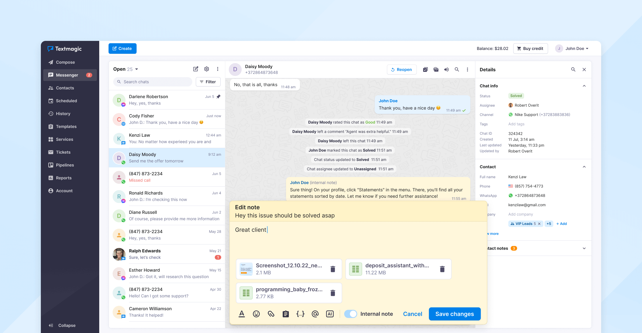 Screenshot illustrating Textmagic's two-way conversation feature with collaboration tools