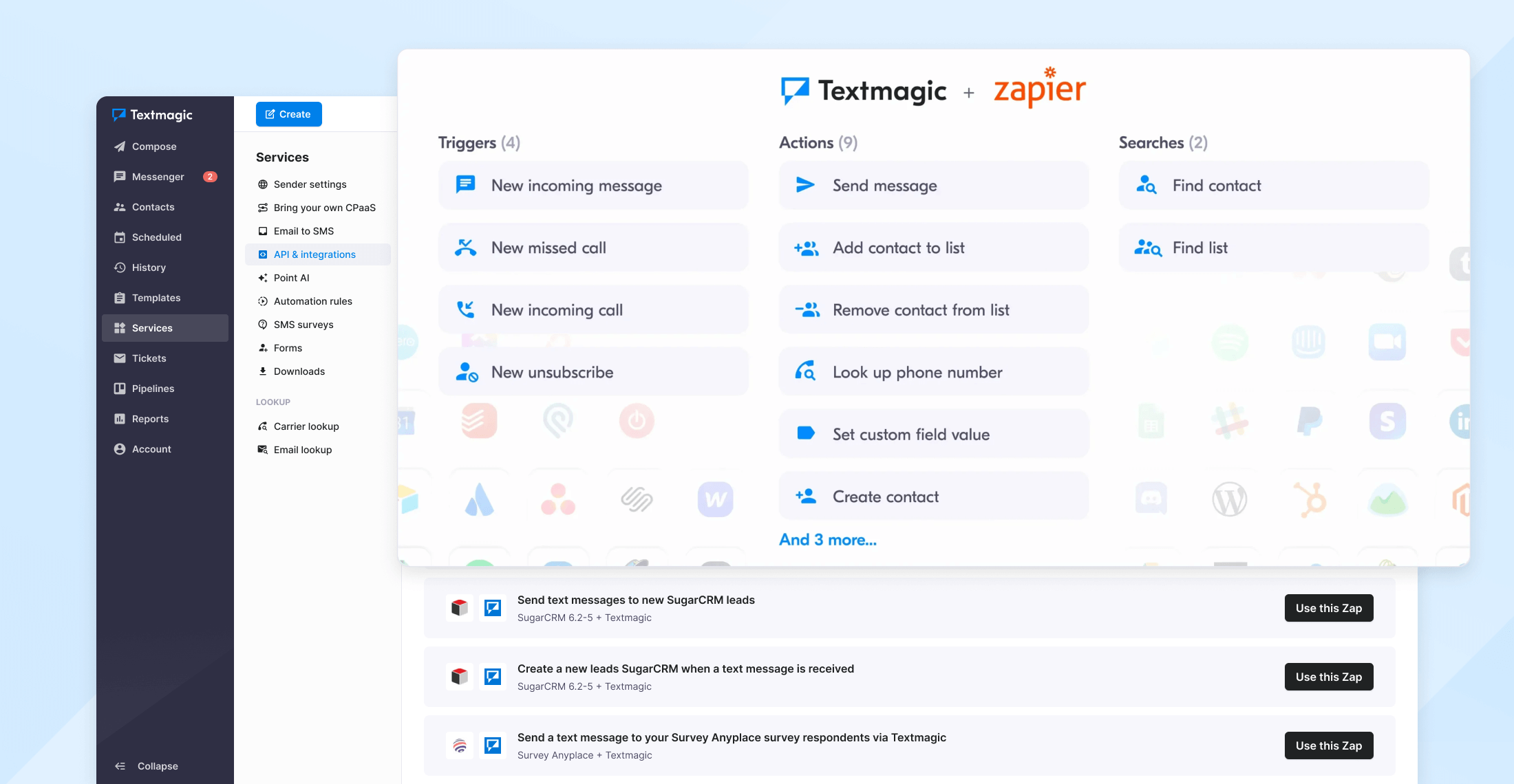 Screenshot illustrating Textmagic's Zapier integrations