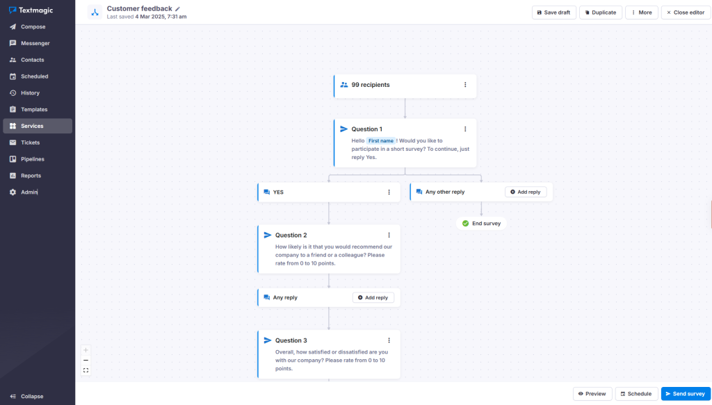 Textmagic SMS survey flow