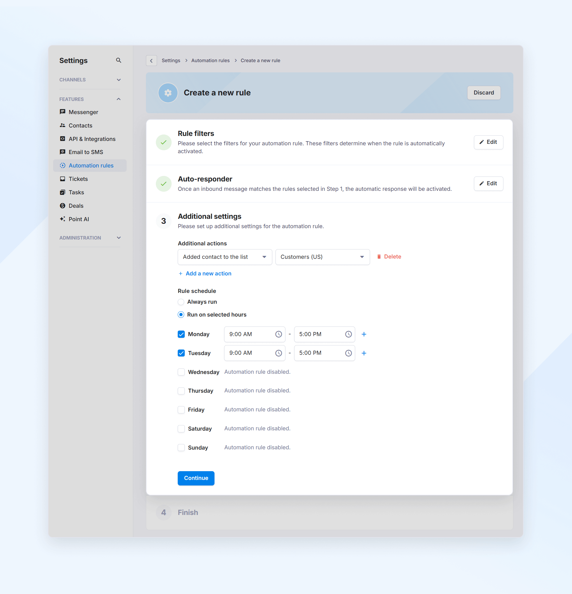 Additional settings for automation rules in the Textmagic app