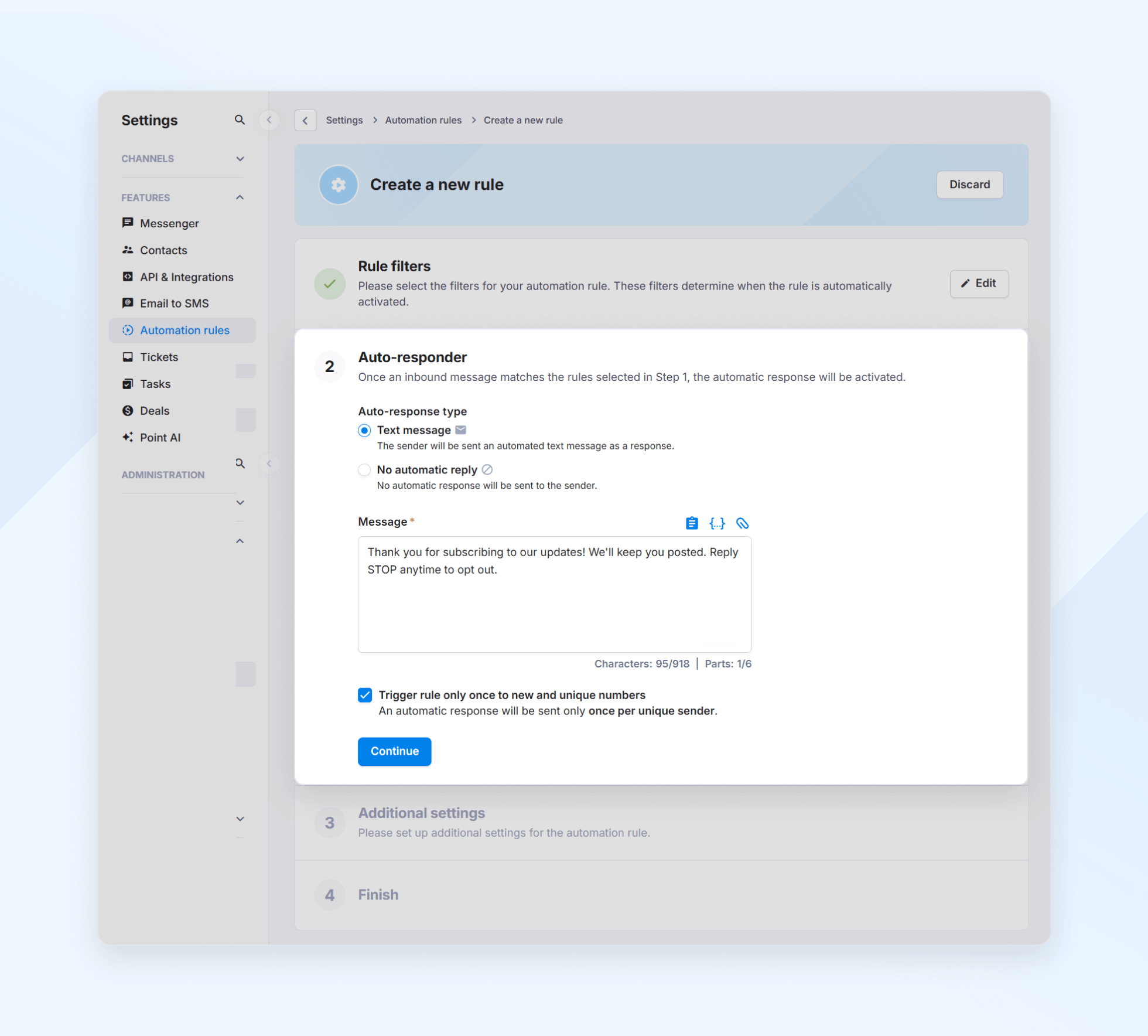 Auto-responder message in the Textmagic app