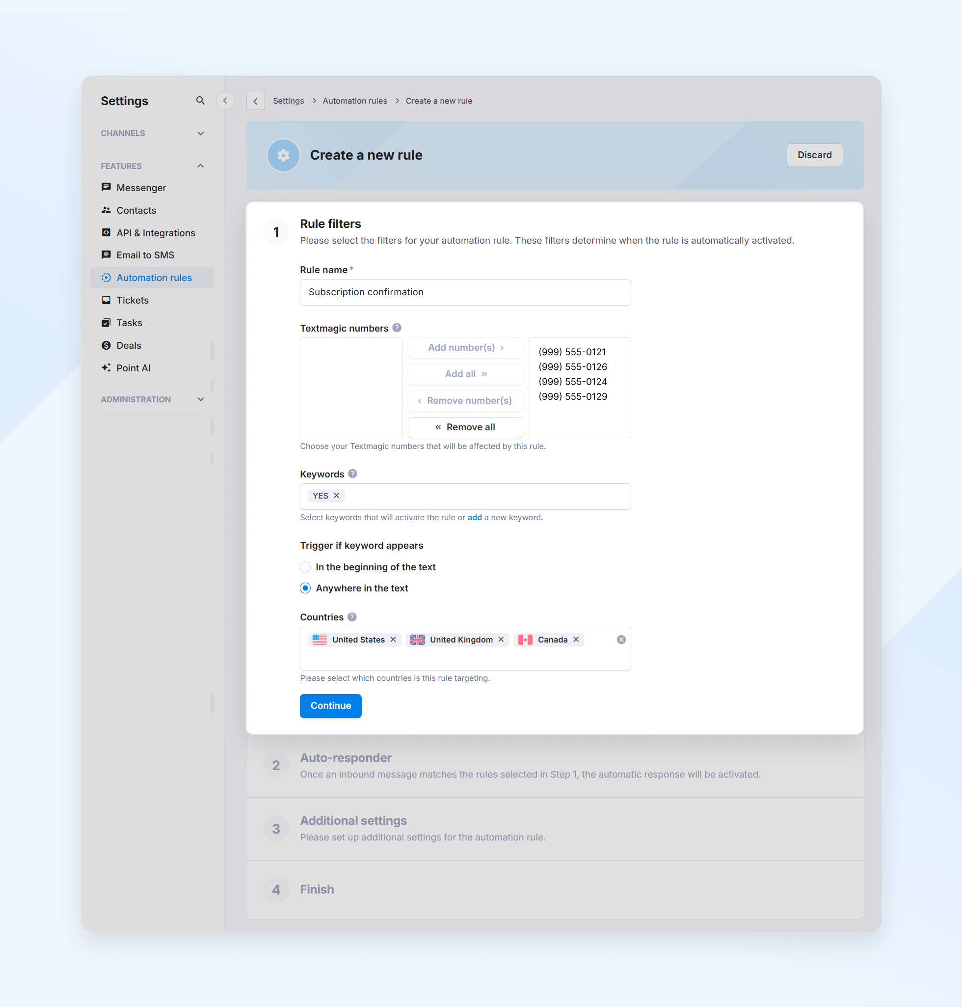 Create a new rule filter in the Textmagic app