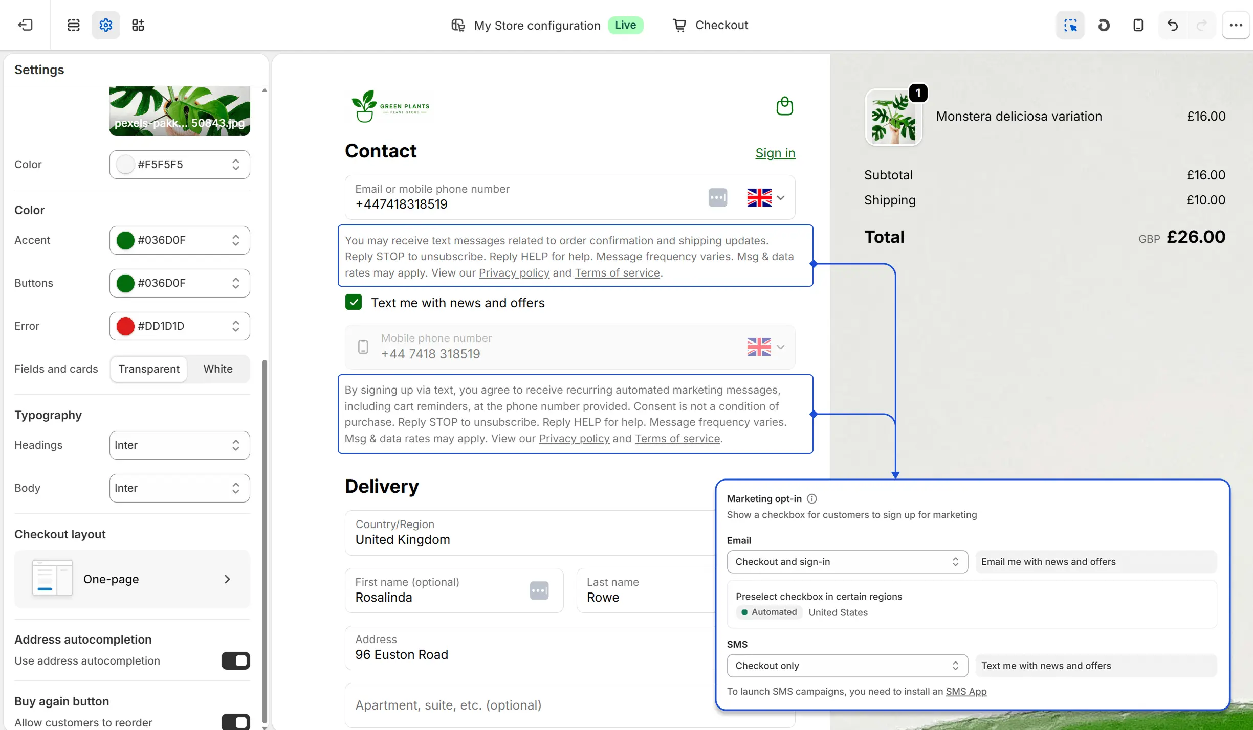 Example of SMS consent in a Shopify checkout page