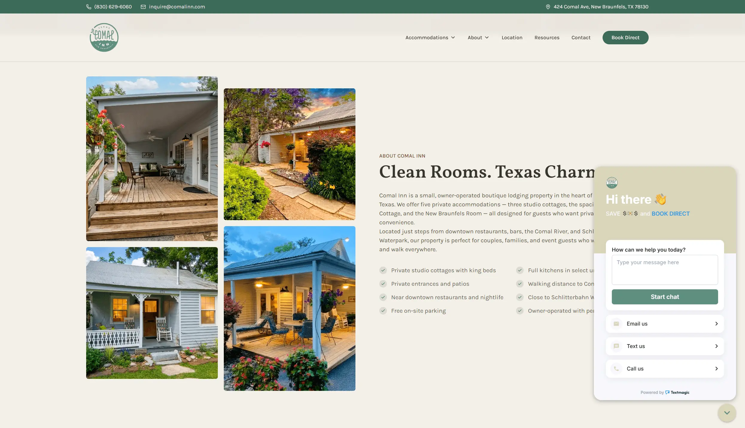 Comal Inn website with Textmagic chat widget