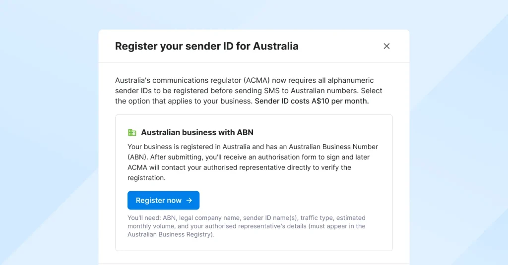ABN registration for sender ID Australia